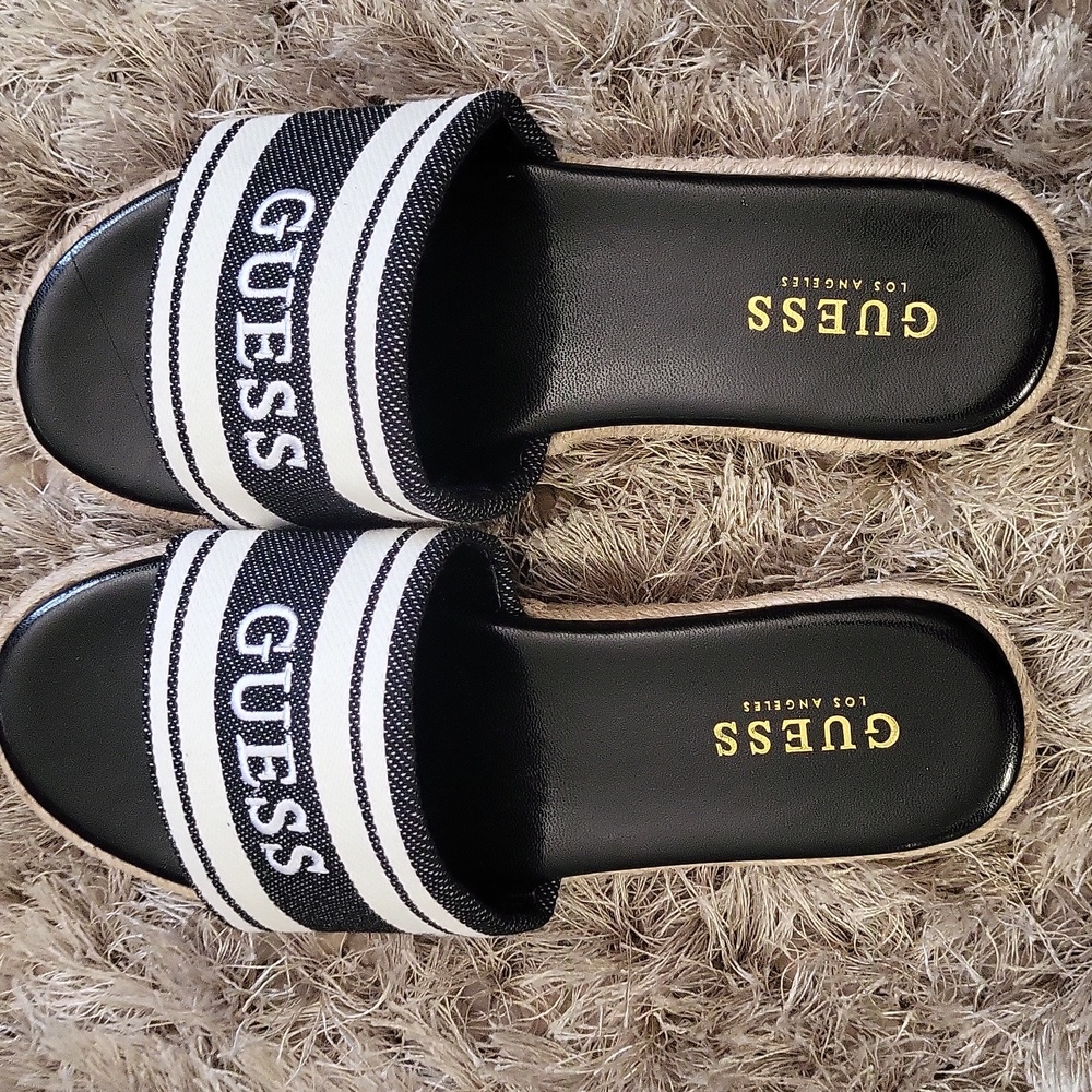 GUESS Women's Black and White Slide Sandals - Picture 5 of 5